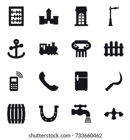 16 vector icon set : abacus, castle, building, outdoor light, train, antique column, fence, sickle, barrel, horseshoe, water tap, hard reach place cleaning
