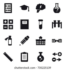 16 vector icon set : abacus, graduate hat, brain, round flask, calculator, copybook, pencil, university, school, ruler