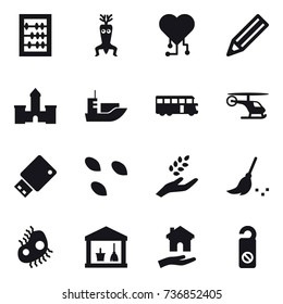 16 vector icon set : abacus, dna modify, cardio chip, pencil, castle, bus, seeds, harvest, broom, microb, utility room, housing, do not distrub