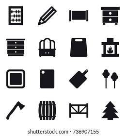 16 vector icon set : abacus, pencil, fence, nightstand, chest of drawers, dresser, cutting board, fireplace, trees, axe, barrel, farm fence, spruce