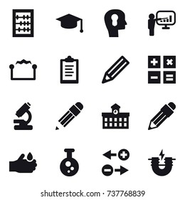 16 vector icon set : abacus, graduate hat, bulb head, presentation, electrostatic, clipboard, pencil, calculator, university