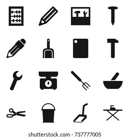16 vector icon set : abacus, pencil, tools, nail, scoop, cutting board, kitchen scales, big fork, mortar, scissors, bucket, iron board