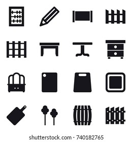 16 vector icon set : abacus, pencil, fence, table, nightstand, dresser, cutting board, trees, barrel