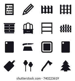 16 vector icon set : abacus, pencil, fence, chest of drawers, dresser, rack, cutting board, trees, axe, spruce