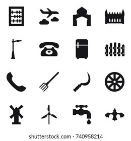16 vector icon set : abacus, journey, minaret, gothic architecture, outdoor light, phone, fridge, fence, fork, sickle, wheel, windmill, water tap, hard reach place cleaning