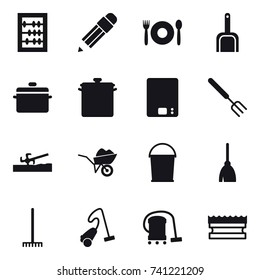 16 vector icon set : abacus, pencil, cafe, scoop, pan, kitchen scales, big fork, soil cutter, wheelbarrow, bucket, broom, rake, vacuum cleaner, sponge