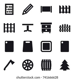 16 vector icon set : abacus, pencil, fence, table, nightstand, cutting board, axe, wheel, barrel, spruce