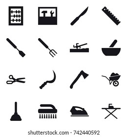 16 vector icon set : abacus, tools, ruler, spatula, big fork, soil cutter, mortar, scissors, sickle, axe, wheelbarrow, plunger, brush, iron, iron board