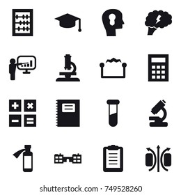16 vector icon set : abacus, graduate hat, bulb head, brain, presentation, microscope, electrostatic, calculator, copybook, school