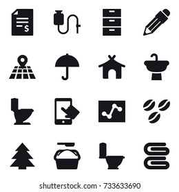 16 vector icon set : account balance, pencil, bungalow, toilet, coffee seeds, spruce, washing powder, stack of towels