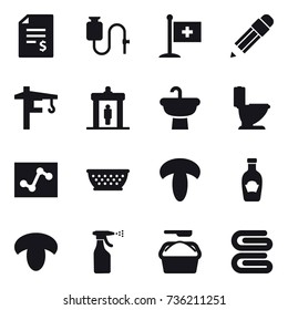 16 vector icon set : account balance, pencil, tower crane, detector, toilet, kolander, mushroom, sprayer, washing powder, stack of towels