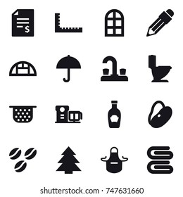 16 vector icon set : account balance, ruler, arch window, pencil, greenhouse, water tap, toilet, colander, coffee seeds, spruce, apron, stack of towels