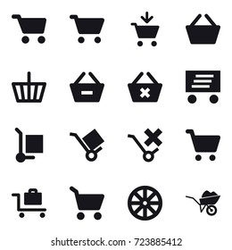 16 vector icon set :  add to cart, basket, basket, remove from basket,  delivery, cargo stoller, baggage trolley, cart, wheel, wheelbarrow