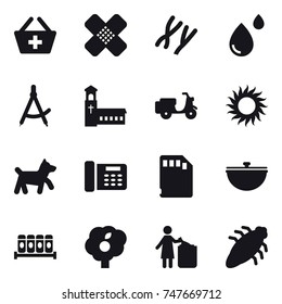 16 vector icon set : add to basket, draw compass, church, sun, dog, cauldron, garden, garbage bin, bug