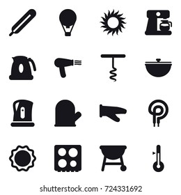 16 vector icon set : air ballon, sun, coffee maker, kettle, hair dryer, corkscrew, cauldron, cook glove, thermometer