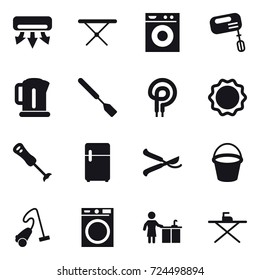 16 vector icon set : air conditioning, iron board, washing machine, mixer, kettle, spatula, pruner, bucket, vacuum cleaner, kitchen cleaning