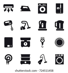 16 vector icon set : air conditioning, iron, washing machine, fridge, mixer, vacuum cleaner, kettle, kitchen scales, handle scales