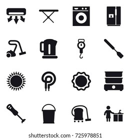 16 vector icon set : air conditioning, iron board, washing machine, fridge, vacuum cleaner, kettle, handle scales, spatula, bucket, kitchen cleaning