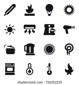16 vector icon set : air ballon, sun, air conditioning, coffee maker, hair dryer, steam pan, kettle, thermometer, fire