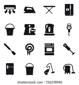 16 vector icon set : air conditioning, iron, iron board, fridge, bucket, coffee maker, kettle, handle scales, spatula, vacuum cleaner