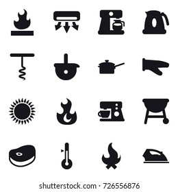 16 vector icon set : air conditioning, coffee maker, kettle, corkscrew, saute pan, cook glove, thermometer, fire, iron