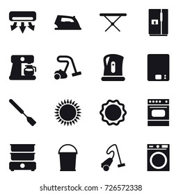 16 vector icon set : air conditioning, iron, iron board, fridge, coffee maker, vacuum cleaner, kettle, kitchen scales, spatula, bucket, washing machine