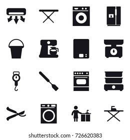 16 vector icon set : air conditioning, iron board, washing machine, fridge, bucket, coffee maker, kitchen scales, handle scales, spatula, pruner, kitchen cleaning