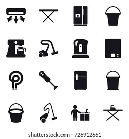 16 vector icon set : air conditioning, iron board, fridge, bucket, coffee maker, vacuum cleaner, kettle, kitchen scales, kitchen cleaning
