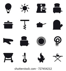 16 vector icon set : air ballon, sun, coffee maker, toaster, pan, corkscrew, saute pan, cook glove, thermometer, fire, iron board