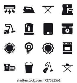 16 vector icon set : air conditioning, iron, iron board, coffee maker, vacuum cleaner, kettle, kitchen scales, bucket