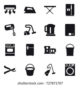 16 vector icon set : air conditioning, iron, iron board, fridge, mixer, vacuum cleaner, kettle, kitchen scales, bucket, pruner, washing machine