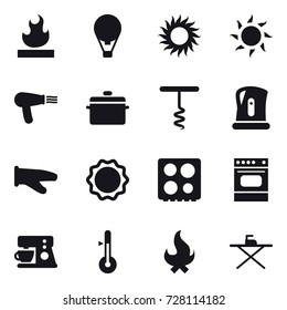 16 vector icon set : air ballon, sun, hair dryer, pan, corkscrew, kettle, cook glove, thermometer, fire, iron board