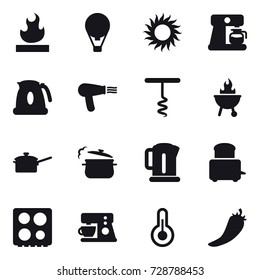 16 vector icon set : air ballon, sun, coffee maker, kettle, hair dryer, corkscrew, bbq, saute pan, steam pan, hot pepper