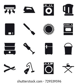 16 vector icon set : air conditioning, iron, washing machine, kettle, kitchen scales, spatula, bucket, pruner, vacuum cleaner, iron board