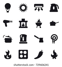 16 vector icon set : air ballon, sun, air conditioning, kettle, hair dryer, fireplace, bbq, saute pan, steam pan, turk, hot pepper, fire