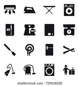 16 vector icon set : air conditioning, iron, iron board, washing machine, fridge, coffee maker, kitchen scales, spatula, pruner, vacuum cleaner, kitchen cleaning