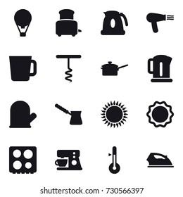16 vector icon set : air ballon, toaster, kettle, hair dryer, cup, corkscrew, saute pan, cook glove, turk, thermometer, iron
