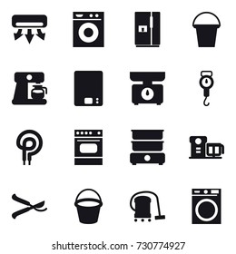 16 vector icon set : air conditioning, washing machine, fridge, bucket, coffee maker, kitchen scales, handle scales, pruner, vacuum cleaner