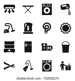 16 vector icon set : air conditioning, iron board, washing machine, mixer, vacuum cleaner, kettle, bucket, pruner, kitchen cleaning