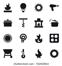 16 vector icon set : air ballon, sun, hair dryer, pan, corkscrew, fireplace, steam pan, thermometer, fire