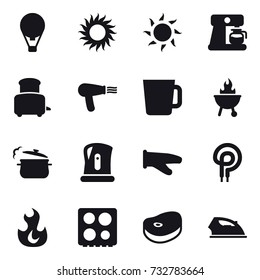 16 vector icon set : air ballon, sun, coffee maker, toaster, hair dryer, cup, bbq, steam pan, kettle, cook glove, iron