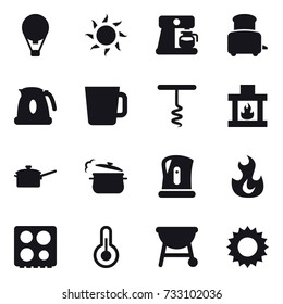 16 vector icon set : air ballon, sun, coffee maker, toaster, kettle, cup, corkscrew, fireplace, saute pan, steam pan