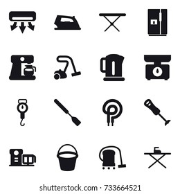 16 vector icon set : air conditioning, iron, iron board, fridge, coffee maker, vacuum cleaner, kettle, kitchen scales, handle scales, spatula, bucket