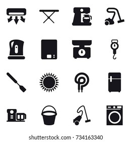 16 vector icon set : air conditioning, iron board, coffee maker, vacuum cleaner, kettle, kitchen scales, handle scales, spatula, bucket, washing machine