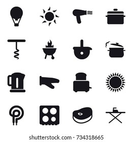 16 vector icon set : air balloon, sun, hair dryer, pan, corkscrew, bbq, steam pan, kettle, cook glove, iron board