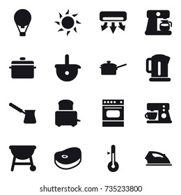 16 vector icon set : air ballon, sun, air conditioning, coffee maker, pan, saute pan, kettle, turk, thermometer, iron