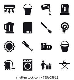 16 vector icon set : air conditioning, bucket, mixer, kettle, kitchen scales, spatula, vacuum cleaner, washing machine, kitchen cleaning, iron board