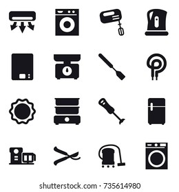 16 vector icon set : air conditioning, washing machine, mixer, kettle, kitchen scales, spatula, pruner, vacuum cleaner