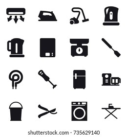 16 vector icon set : air conditioning, iron, vacuum cleaner, kettle, kitchen scales, spatula, bucket, pruner, washing machine, iron board
