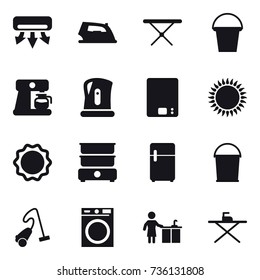 16 vector icon set : air conditioning, iron, iron board, bucket, coffee maker, kettle, kitchen scales, vacuum cleaner, washing machine, kitchen cleaning